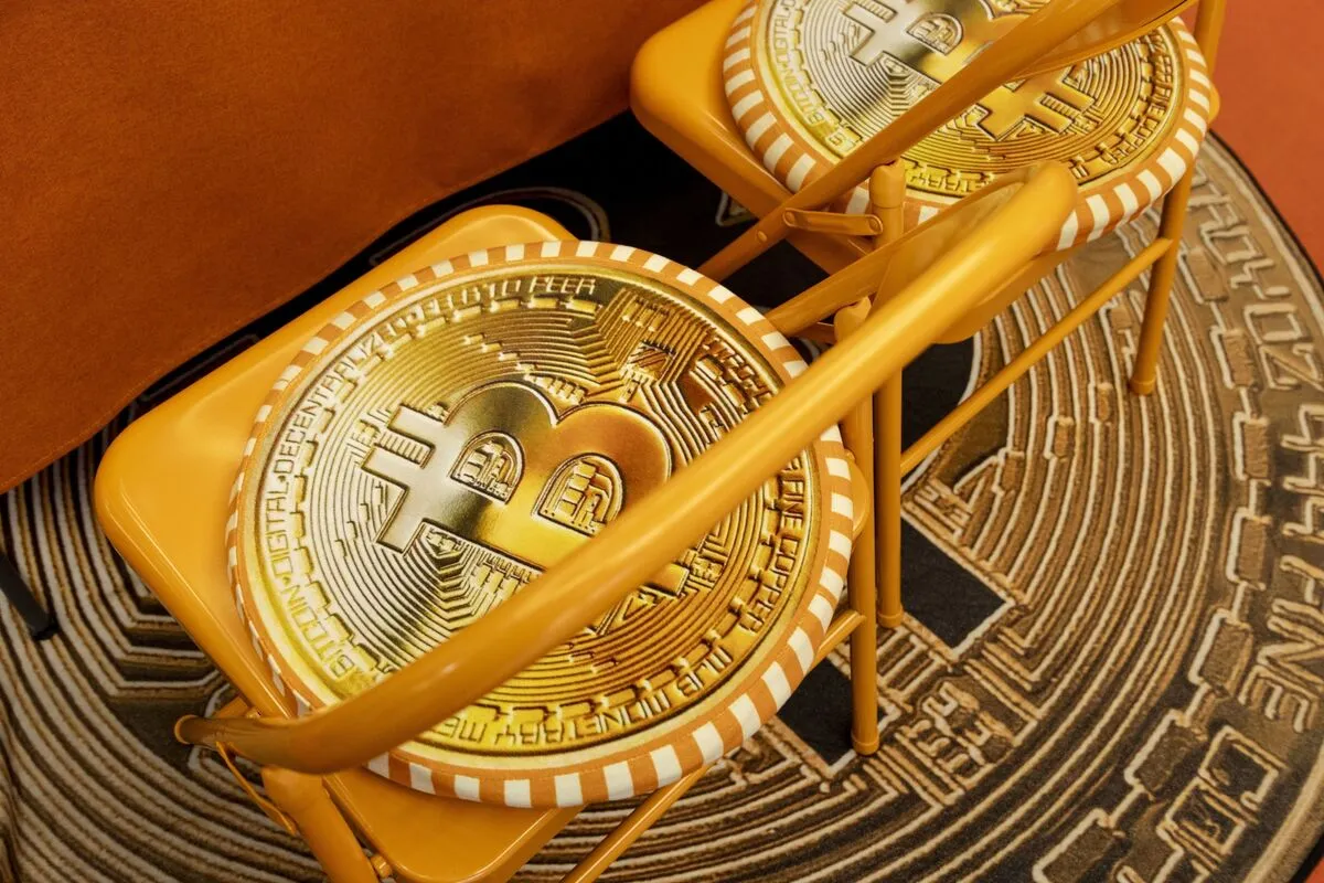 Gráfico de caída del precio de Bitcoin con fondo de tensiones geopolíticas
